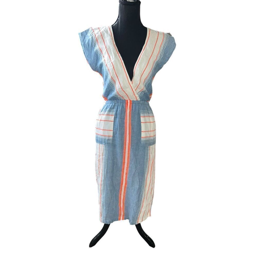 THML anthropologie XS Midi Dress white blue neon orange striped career summer